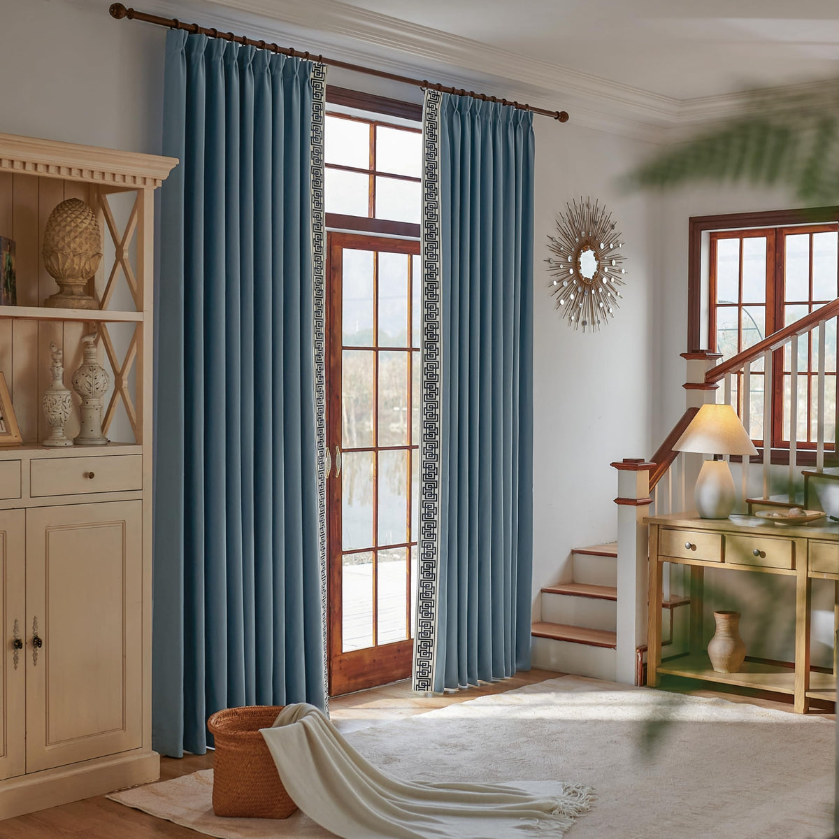 Blue Pinch Pleat Curtains with Greek Key Trim