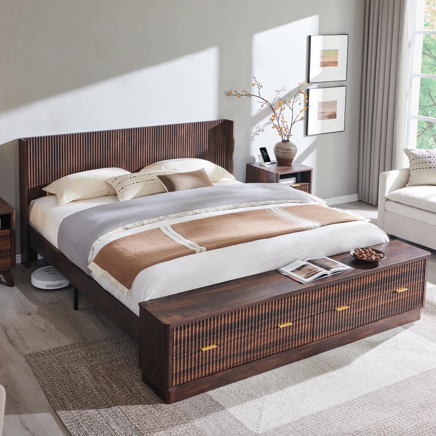 Fluted Platform Bed with Wingback Storage Headboard
