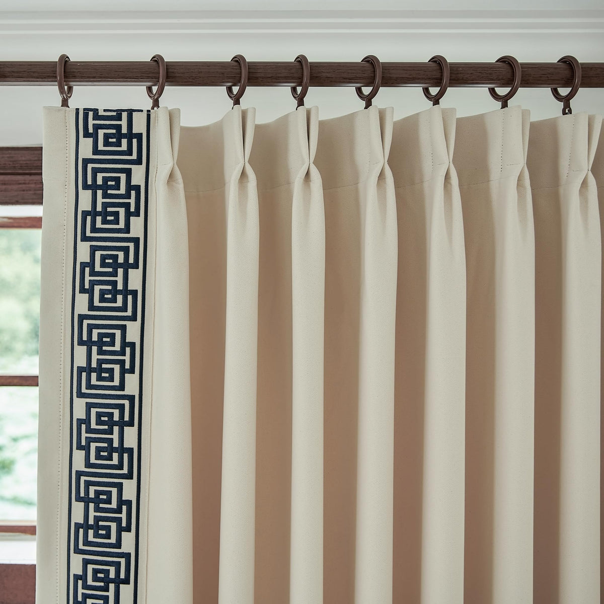 Blue Pinch Pleat Curtains with Greek Key Trim