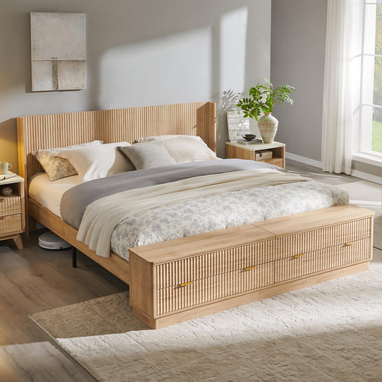 Fluted Platform Bed with Wingback Storage Headboard