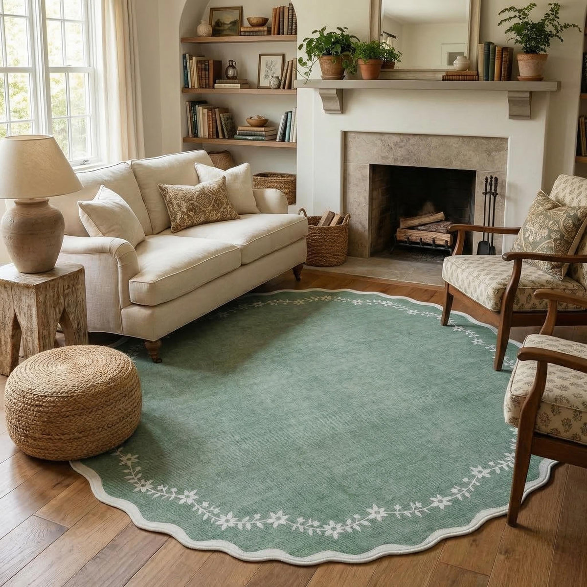 Scalloped Washable Area Rug with Non-Slip Backing