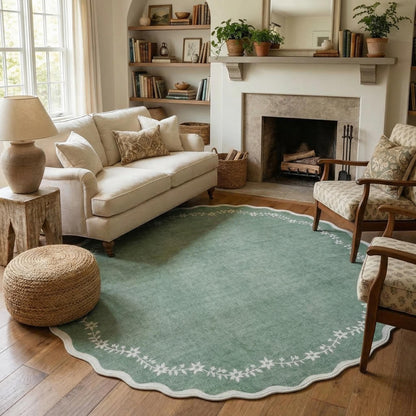 Scalloped Washable Area Rug with Non-Slip Backing