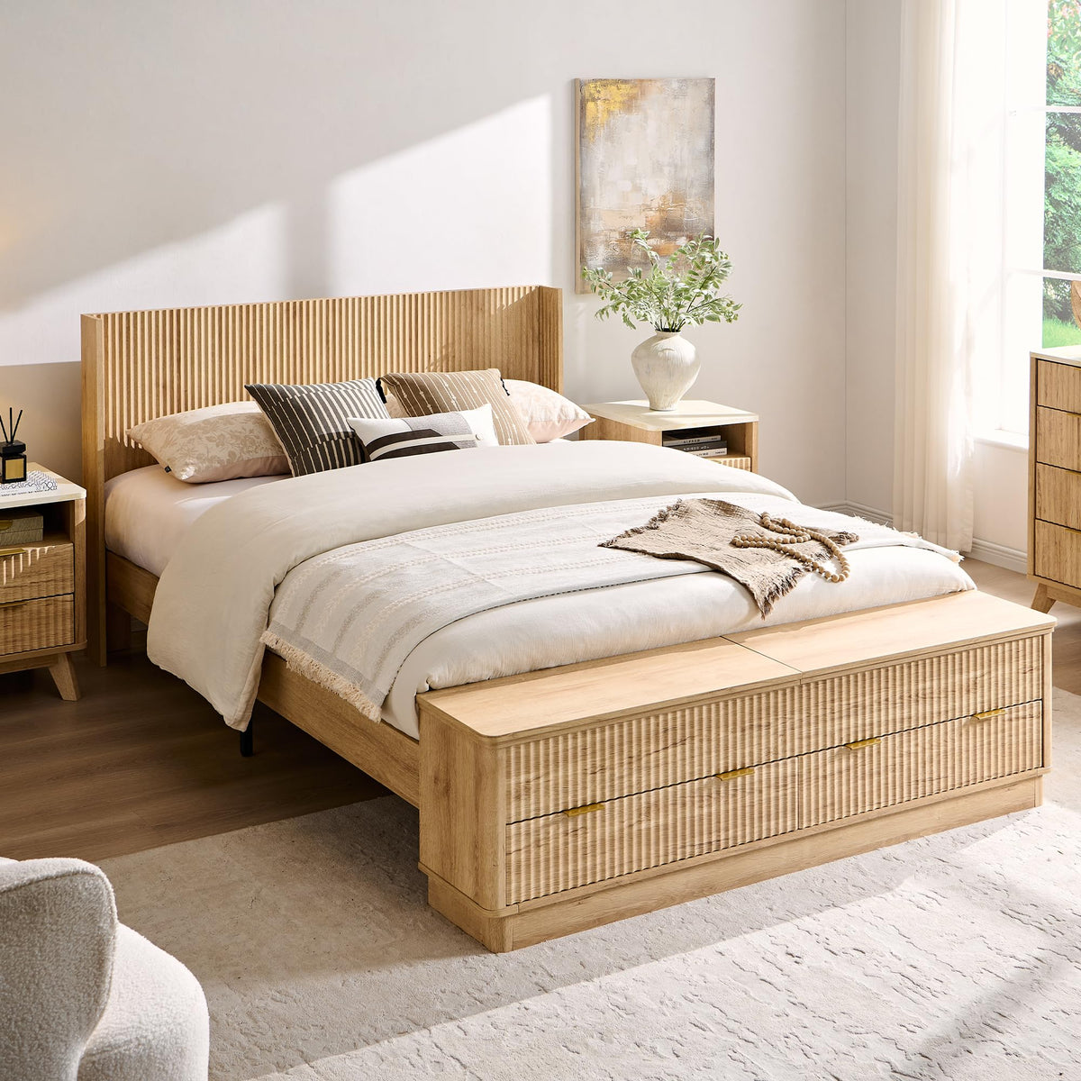 Fluted Platform Bed with Wingback Storage Headboard