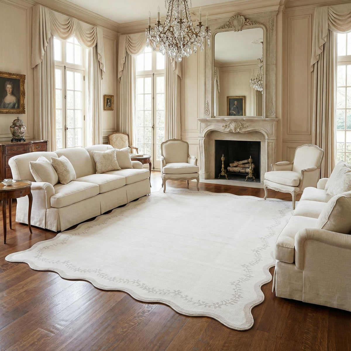 Scalloped Washable Area Rug with Non-Slip Backing