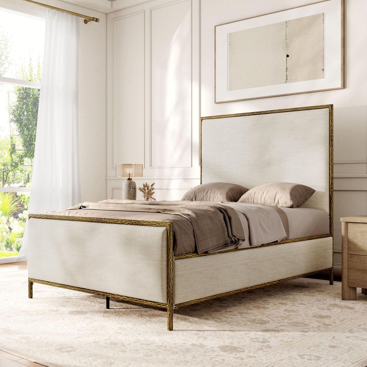 Hammered Metal Bed with Beige Upholstered Headboard
