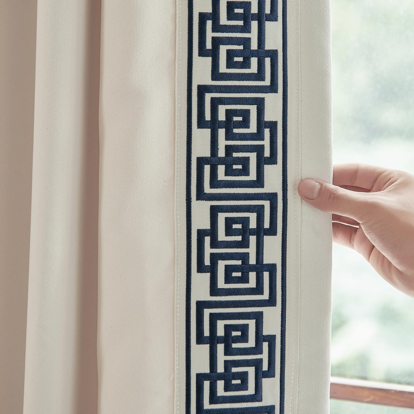 Blue Pinch Pleat Curtains with Greek Key Trim