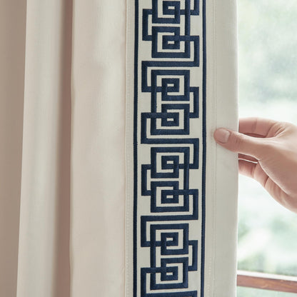 Blue Pinch Pleat Curtains with Greek Key Trim