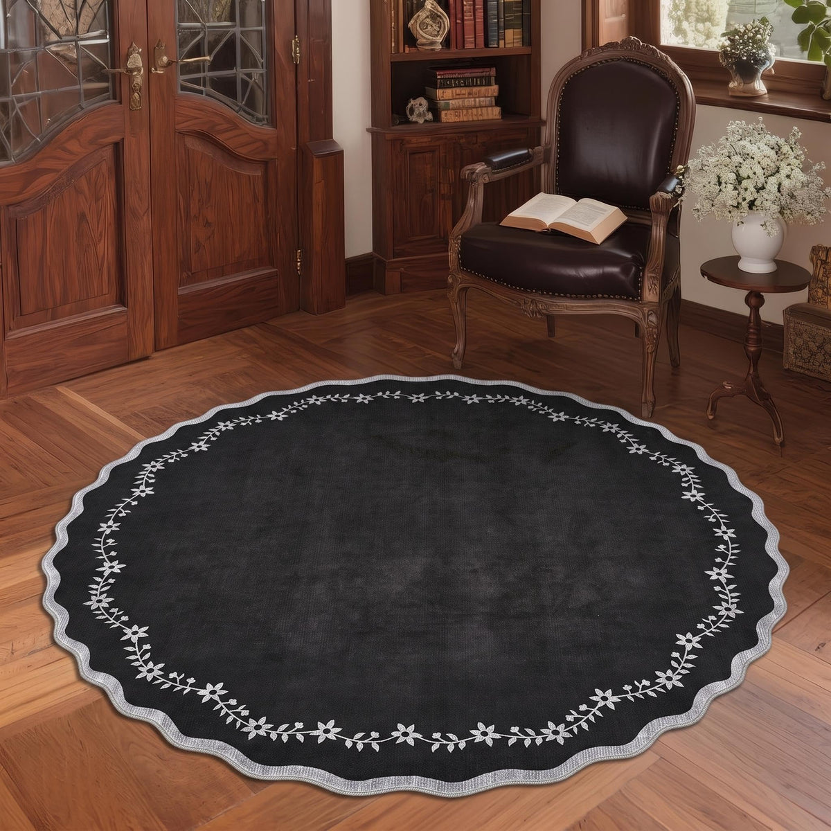 Scalloped Washable Area Rug with Non-Slip Backing