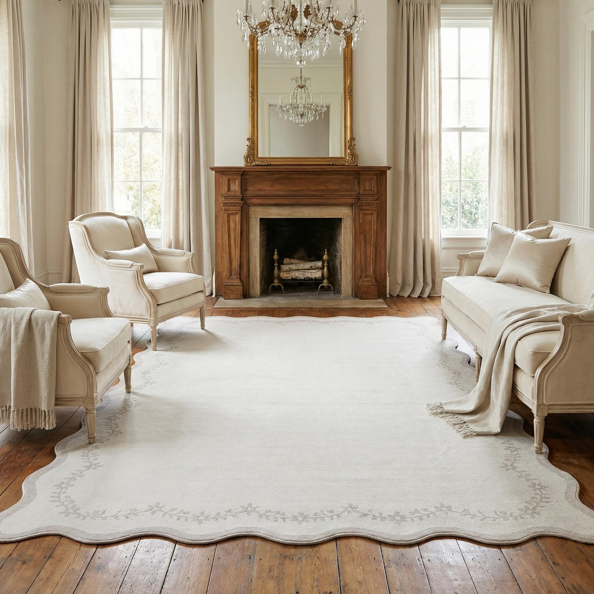Scalloped Washable Area Rug with Non-Slip Backing