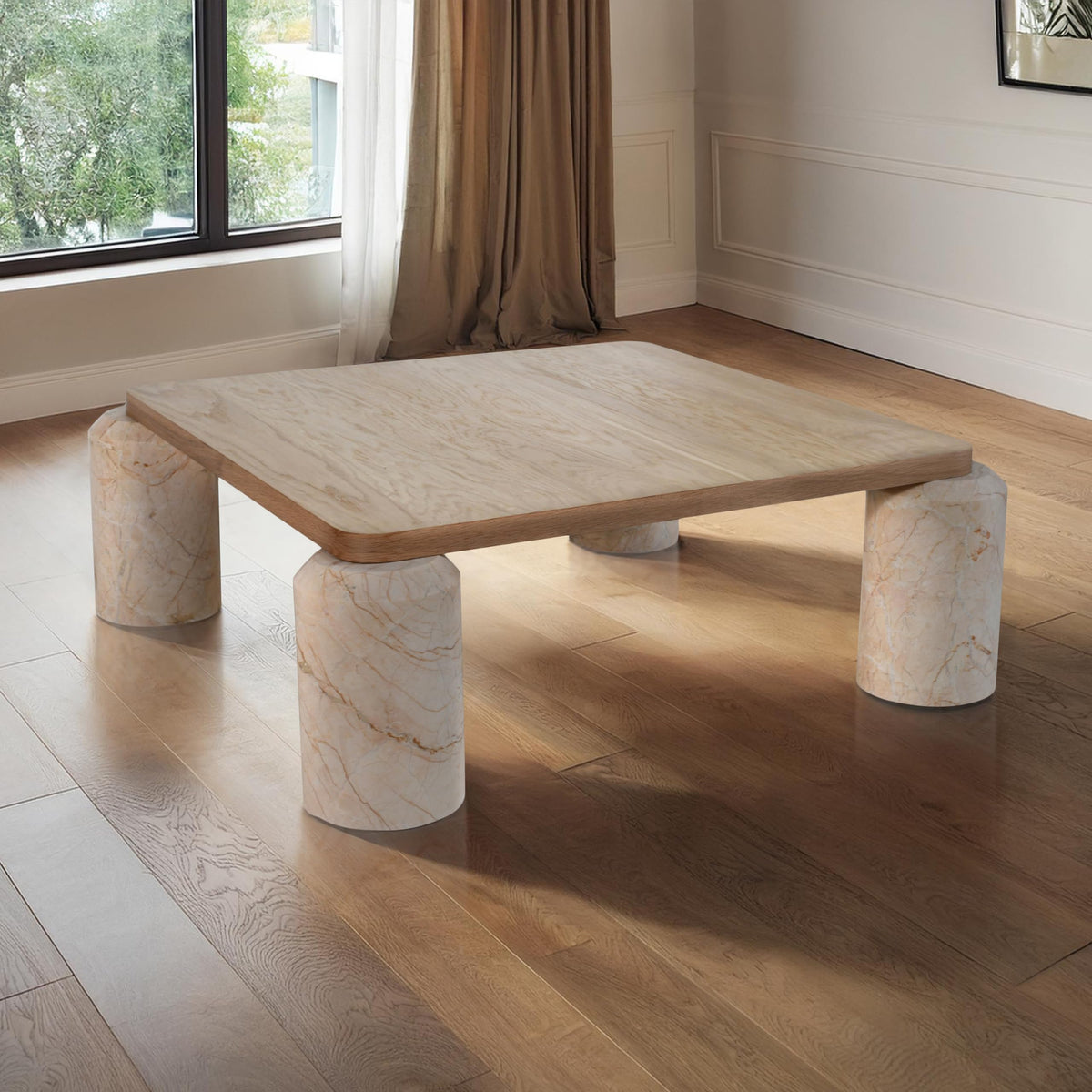 Art Deco Marble Coffee Table with Solid Oak Top
