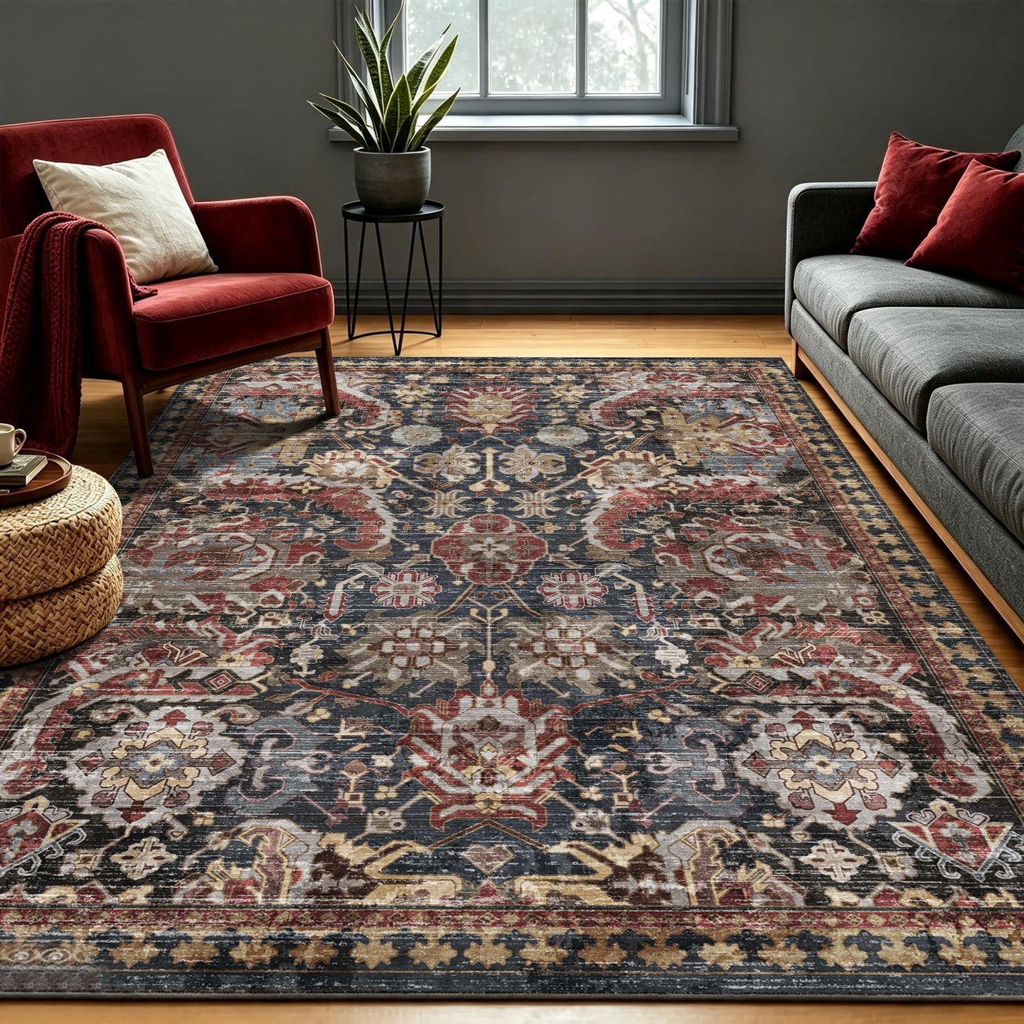 Washable Vintage Tribal Area Rug with Non-Slip Backing
