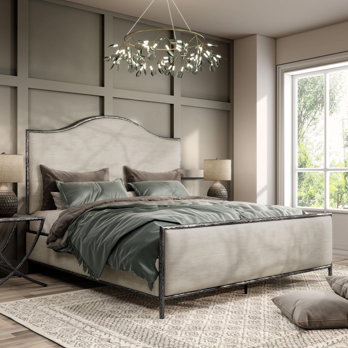 Hammered Metal Bed with Beige Upholstered Headboard