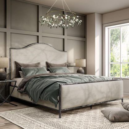 Hammered Metal Bed with Beige Upholstered Headboard