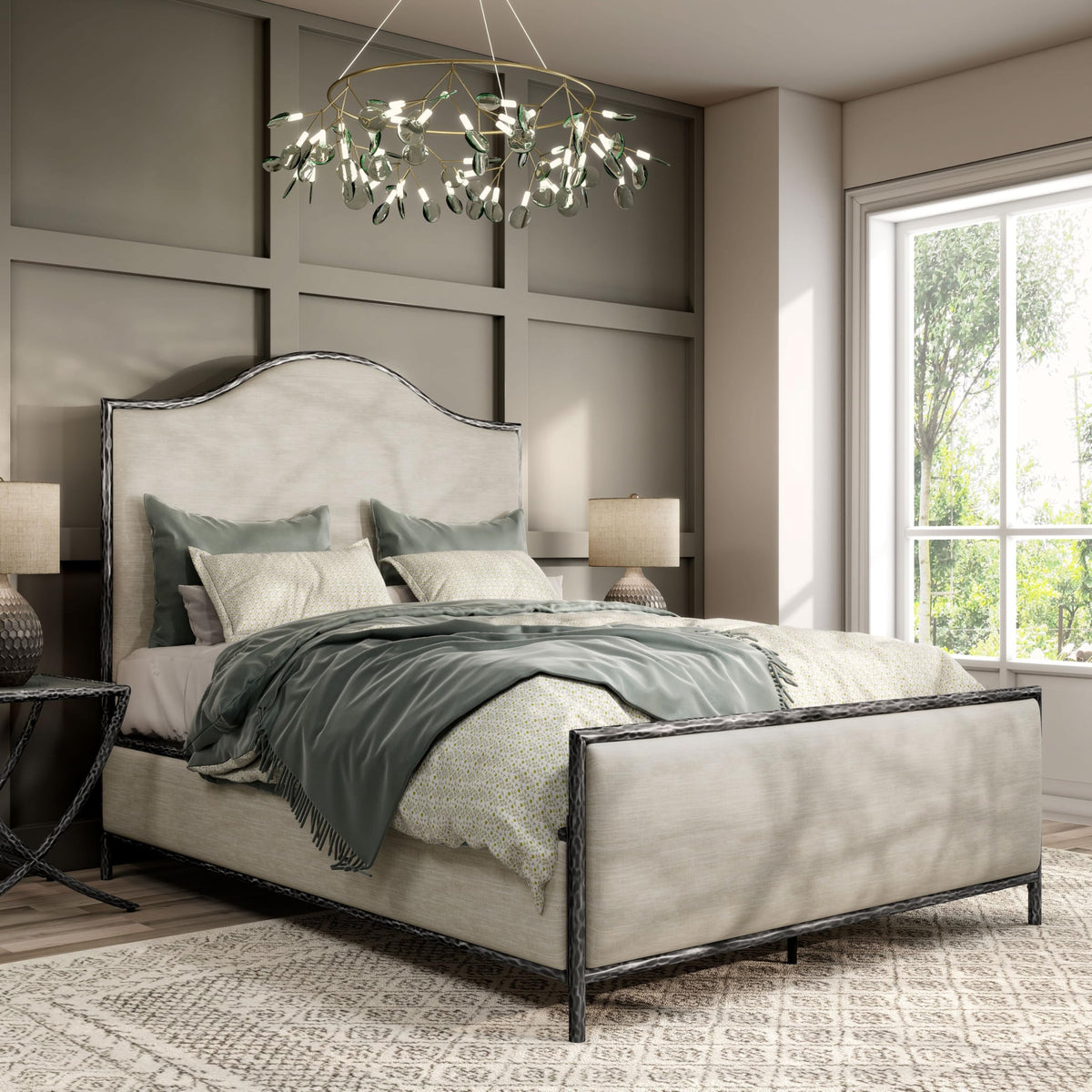 Hammered Metal Bed with Beige Upholstered Headboard