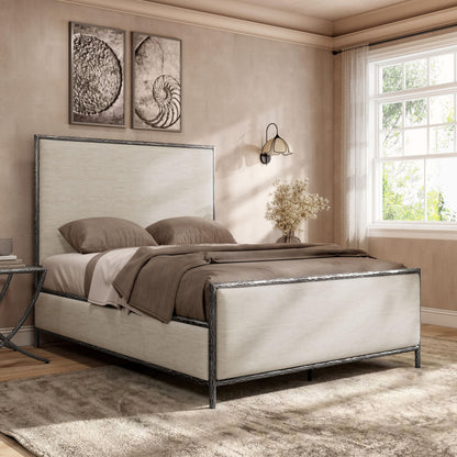 Hammered Metal Bed with Beige Upholstered Headboard