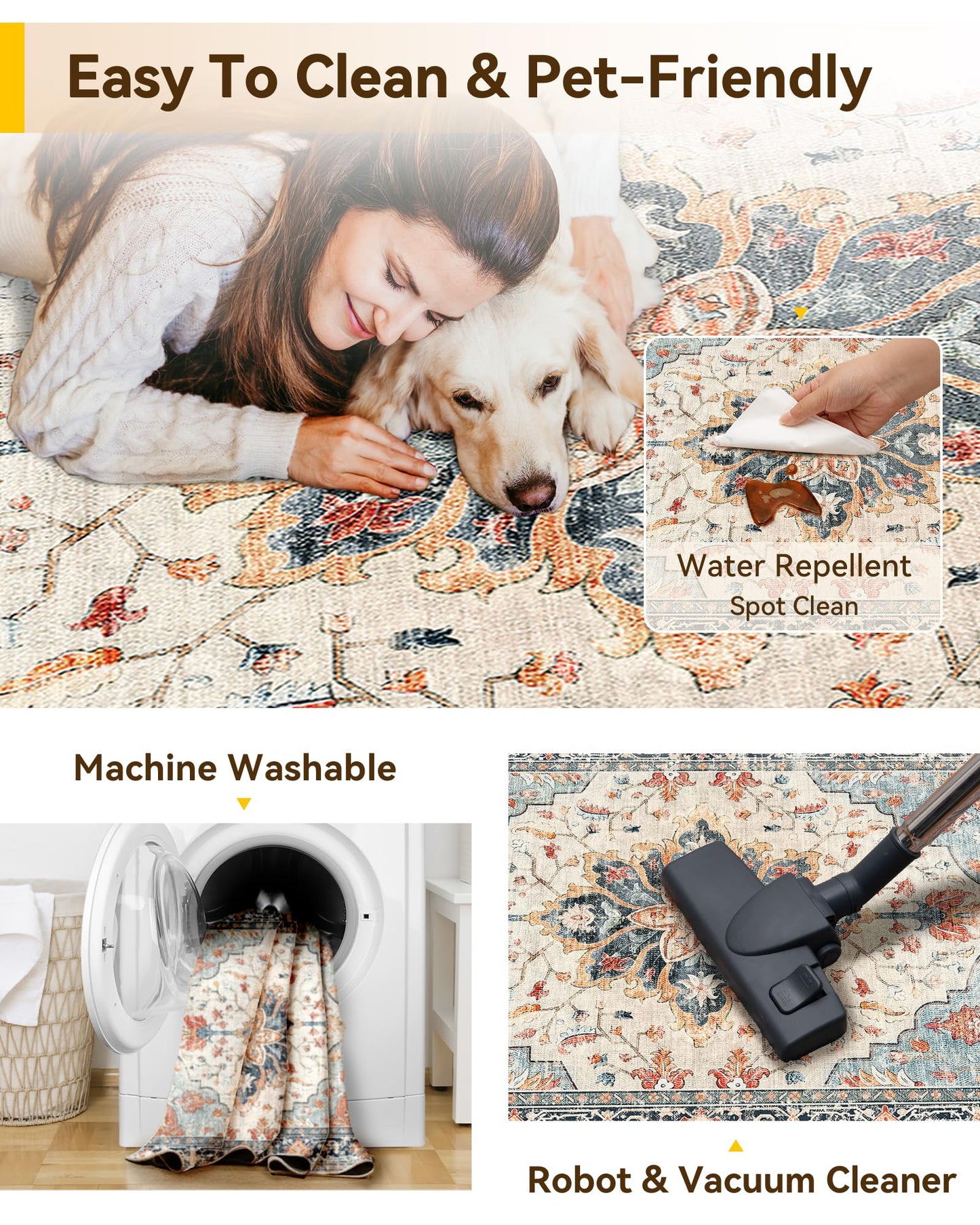 Washable Area Rug with Soft Non-Slip Backing
