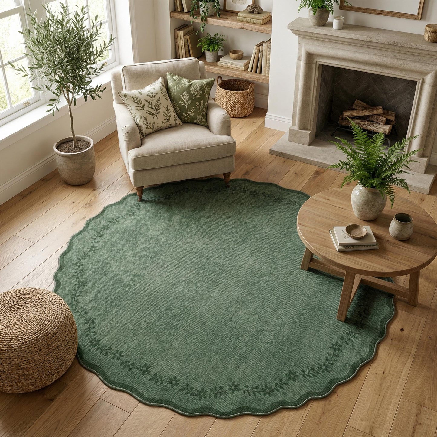 Scalloped Washable Area Rug with Non-Slip Backing