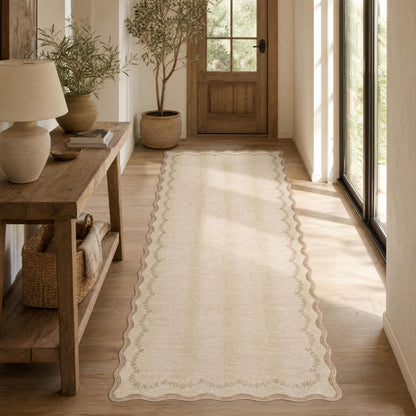 Scalloped Washable Area Rug with Non-Slip Backing
