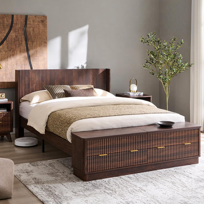 Fluted Platform Bed with Wingback Storage Headboard