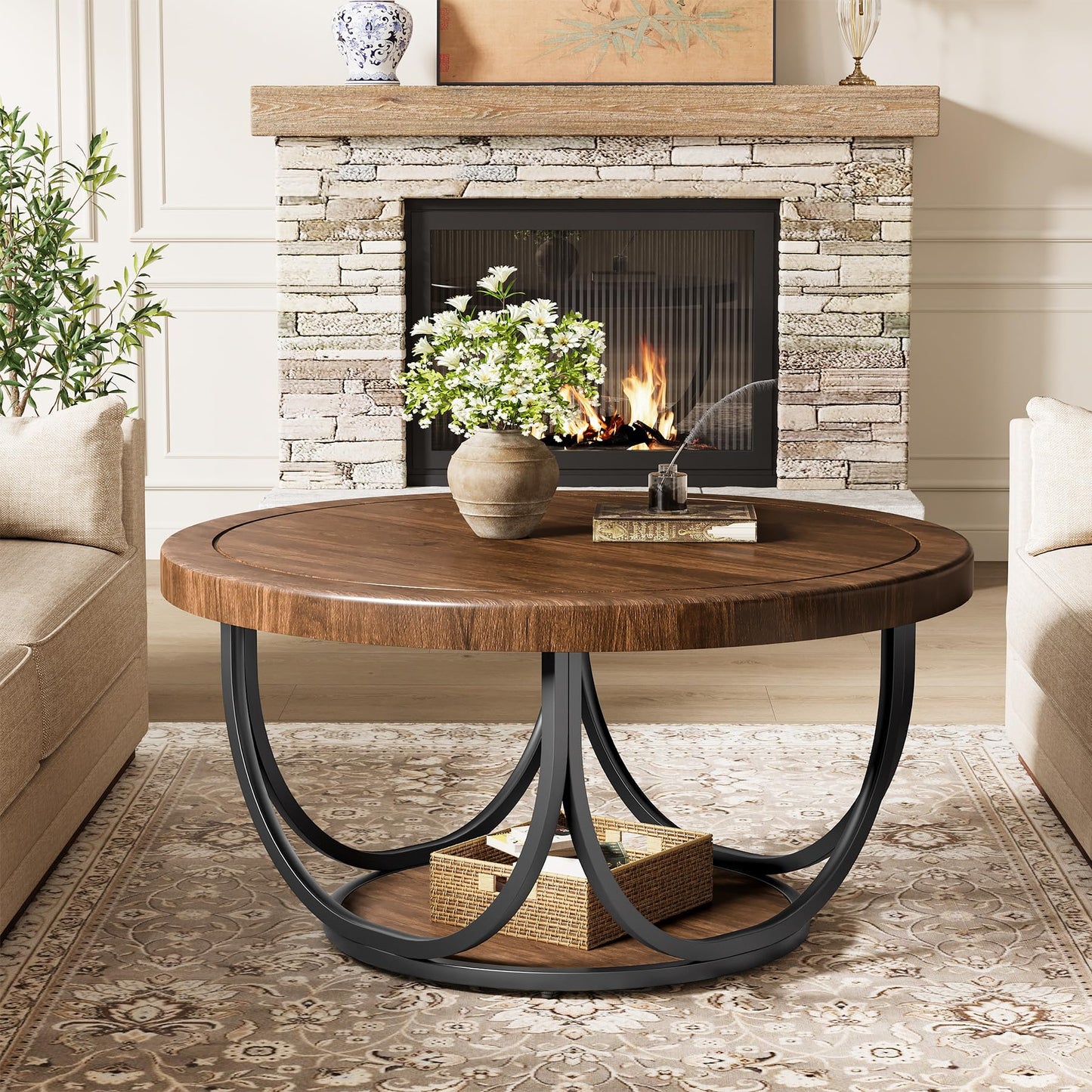 Round Two-Tier Coffee Table with Modern Wood Design