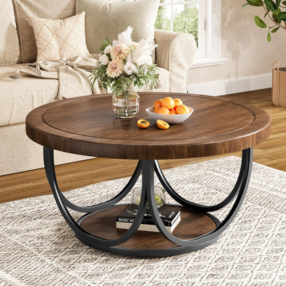 Round Two-Tier Coffee Table with Modern Wood Design