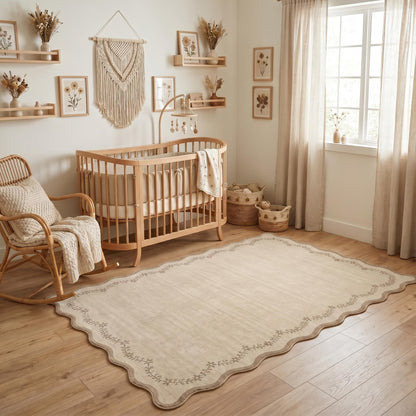 Scalloped Washable Area Rug with Non-Slip Backing