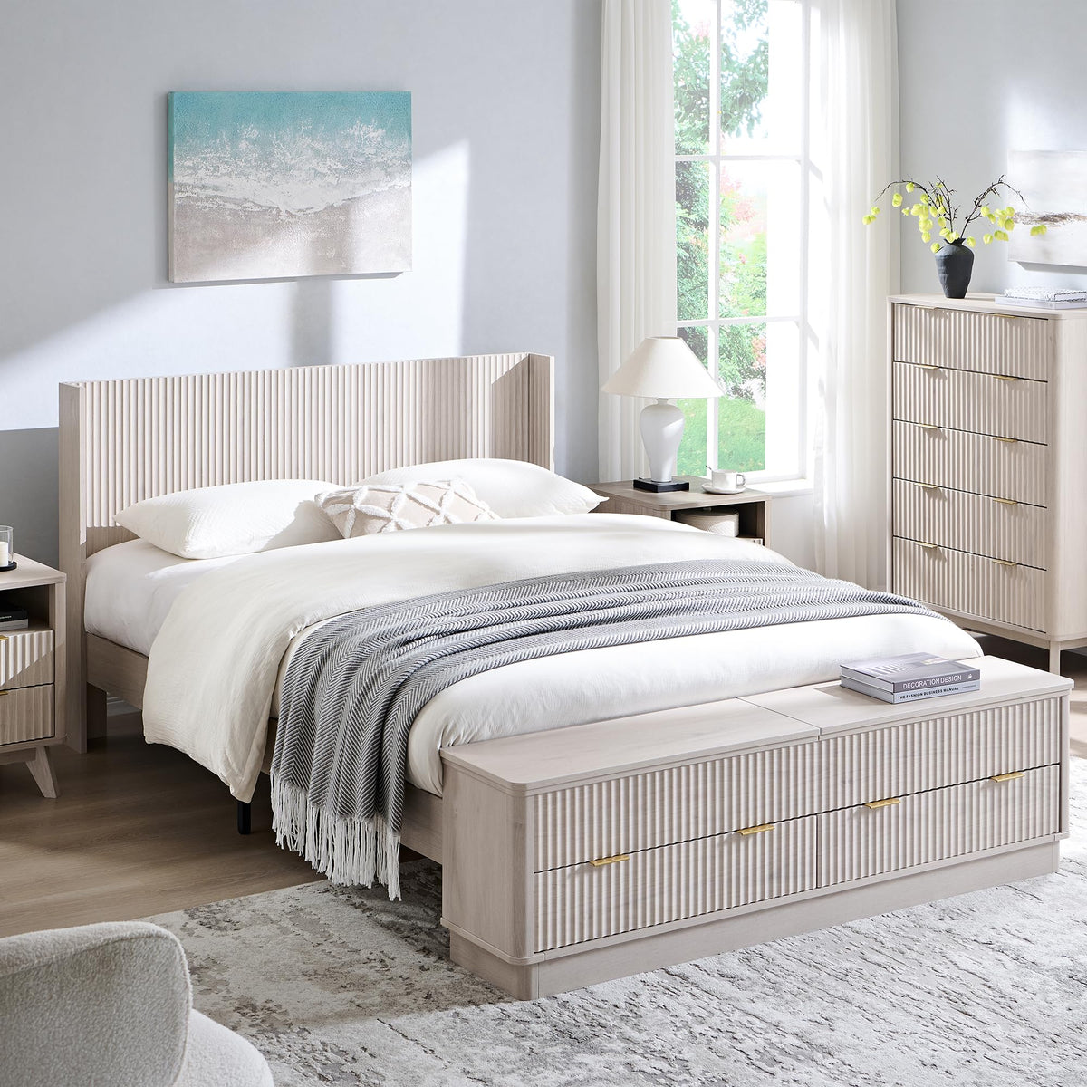 Fluted Platform Bed with Wingback Storage Headboard