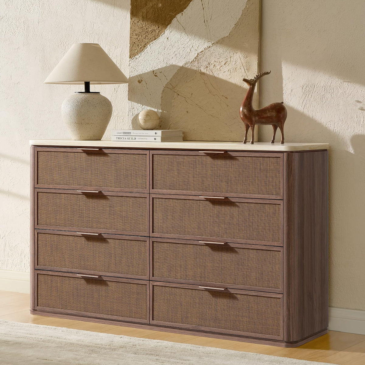 9-Drawer Rattan Dresser with Travertine-Style Top