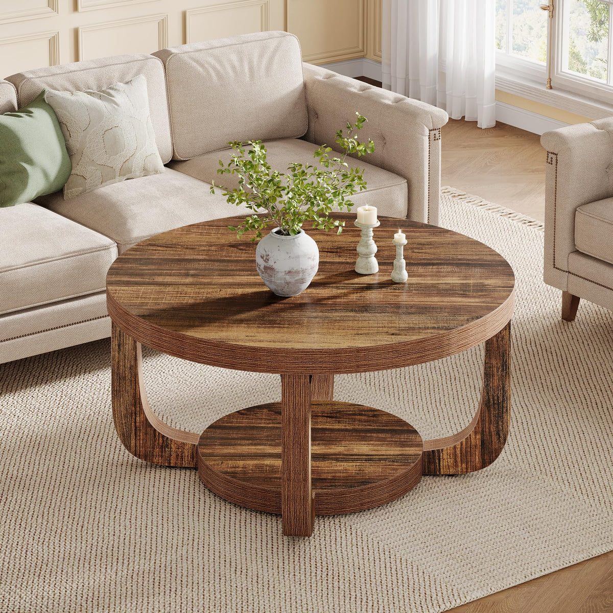 Round Two-Tier Coffee Table with Hidden Storage