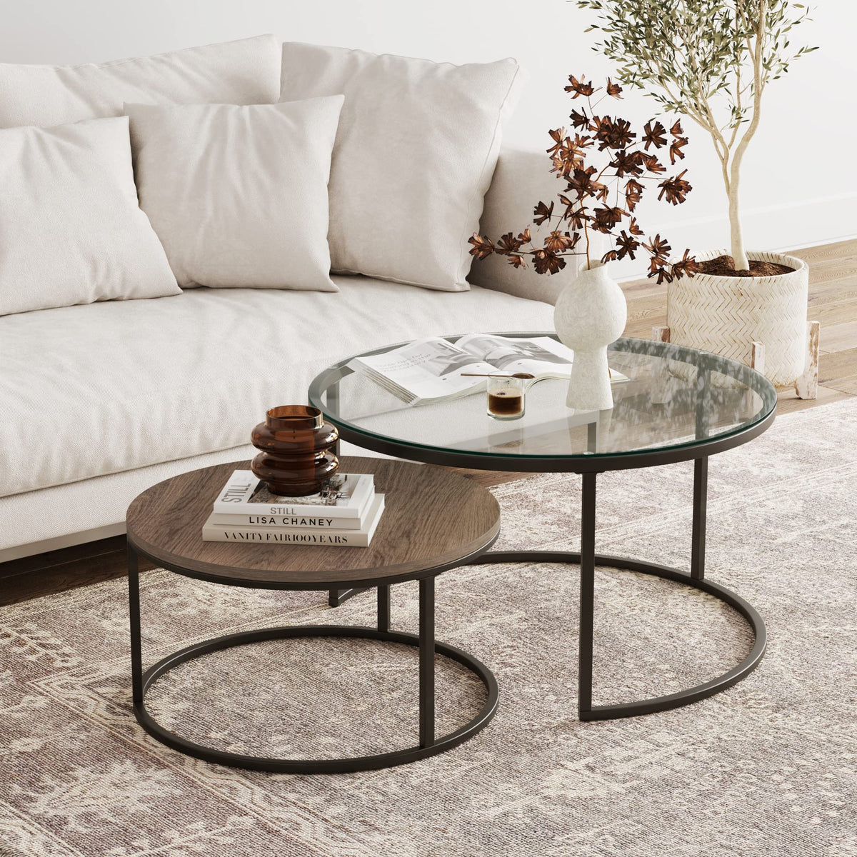 Round Nesting Coffee Table Set with Metal Frame