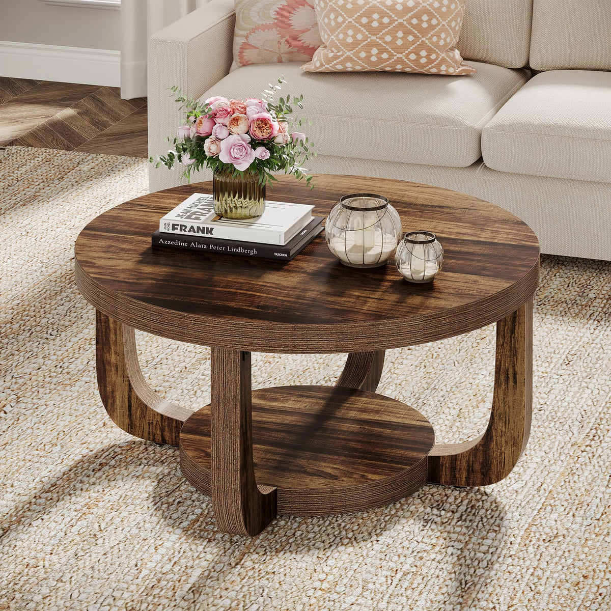 Round Two-Tier Coffee Table with Hidden Storage