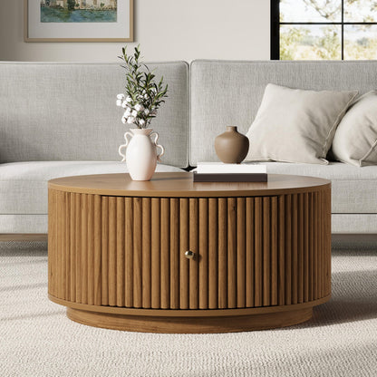 Round Fluted Drum Coffee Table with Hidden Storage