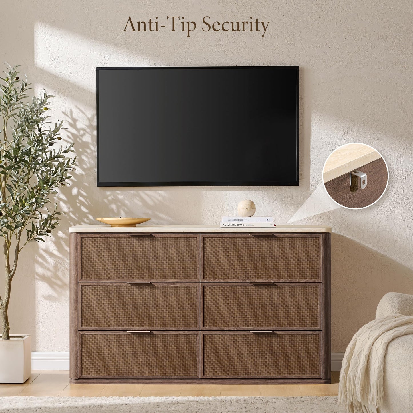 9-Drawer Rattan Dresser with Travertine-Style Top
