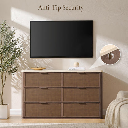 9-Drawer Rattan Dresser with Travertine-Style Top