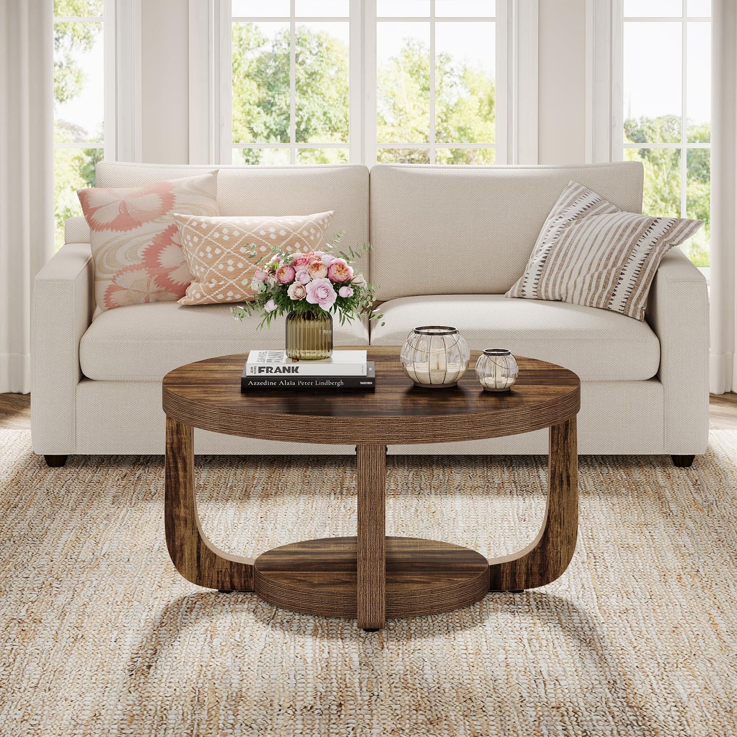 Round Two-Tier Coffee Table with Hidden Storage