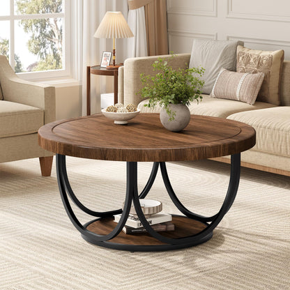 Round Two-Tier Coffee Table with Modern Wood Design