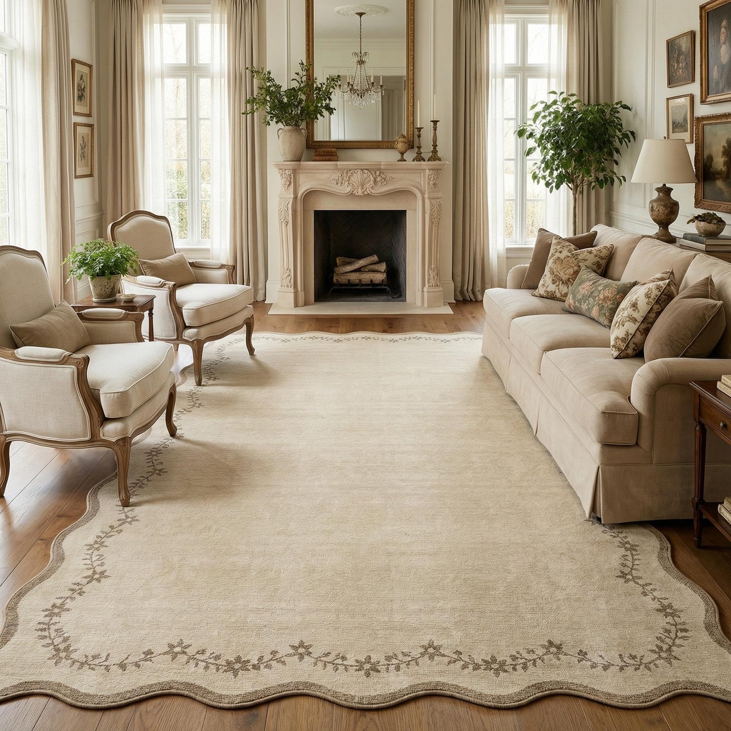 Scalloped Washable Area Rug with Non-Slip Backing