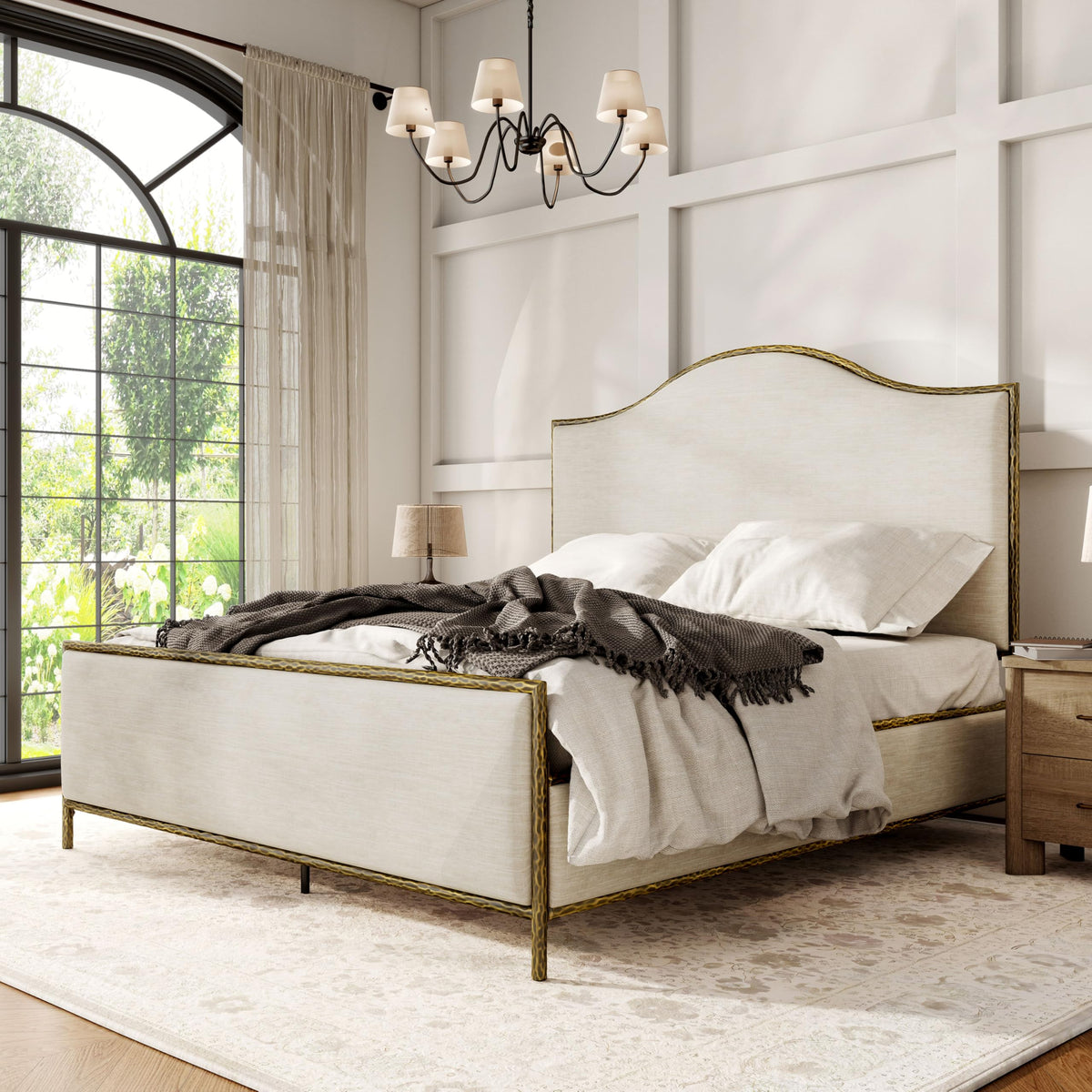 Hammered Metal Bed with Beige Upholstered Headboard