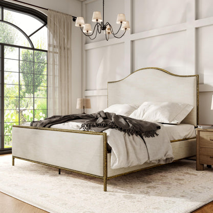 Hammered Metal Bed with Beige Upholstered Headboard