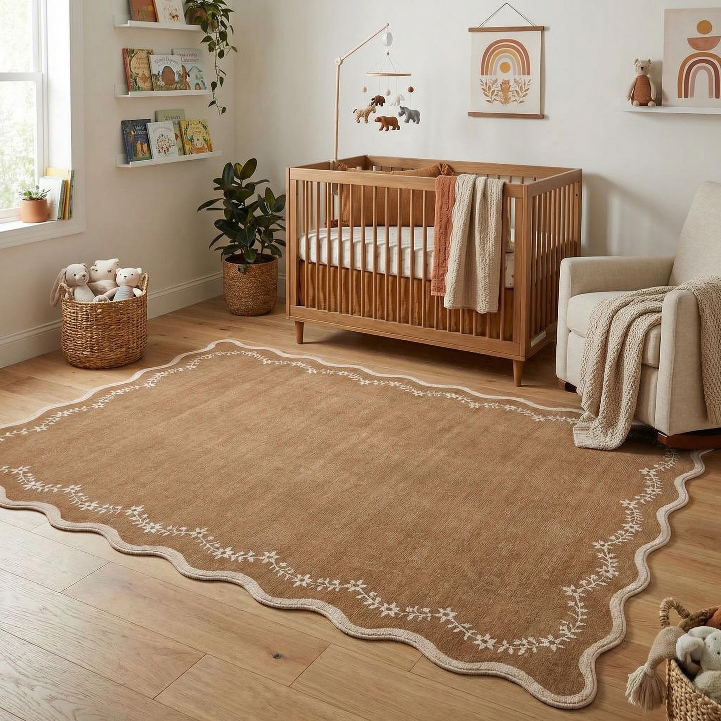 Scalloped Washable Area Rug with Non-Slip Backing