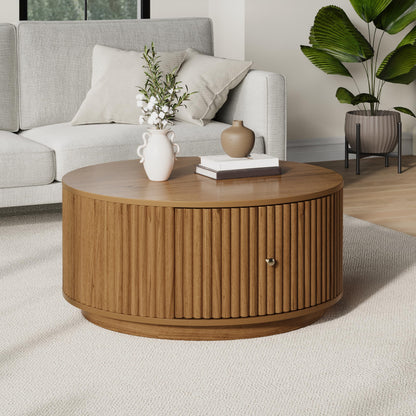 Round Fluted Drum Coffee Table with Hidden Storage