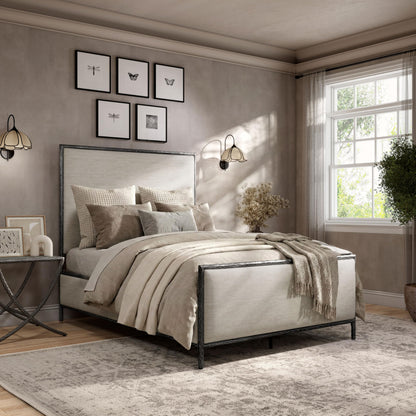 Hammered Metal Bed with Beige Upholstered Headboard
