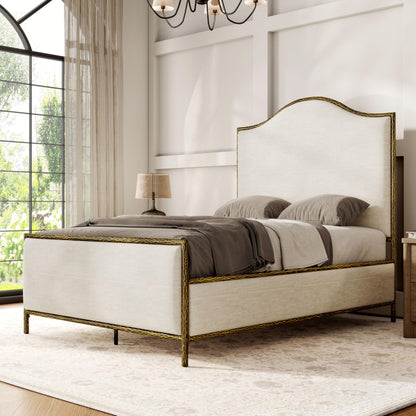 Hammered Metal Bed with Beige Upholstered Headboard