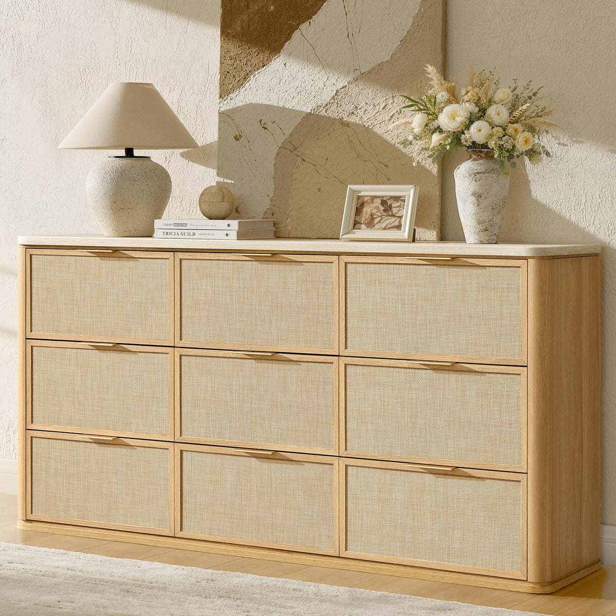 9-Drawer Rattan Dresser with Travertine-Style Top