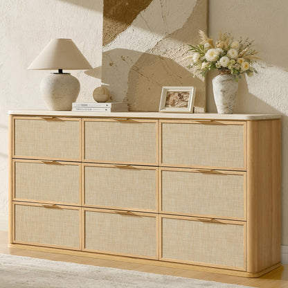 9-Drawer Rattan Dresser with Travertine-Style Top