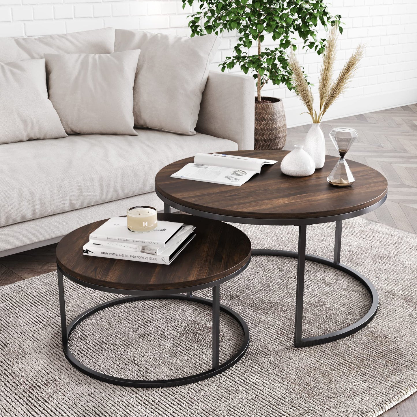 Round Nesting Coffee Table Set with Metal Frame