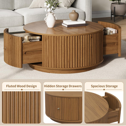 Round Fluted Drum Coffee Table with Hidden Storage