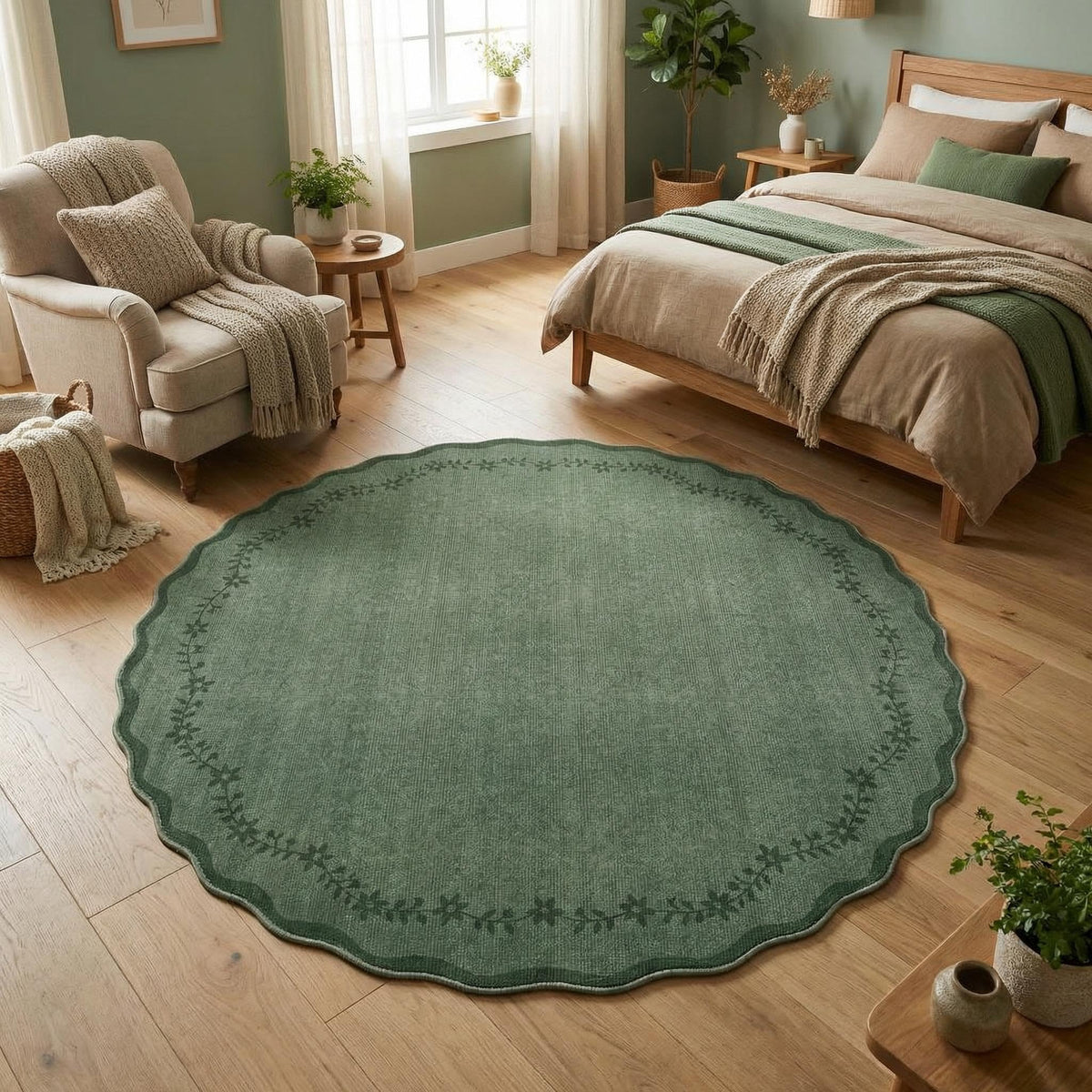 Scalloped Washable Area Rug with Non-Slip Backing