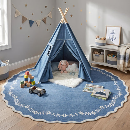 Scalloped Washable Area Rug with Non-Slip Backing