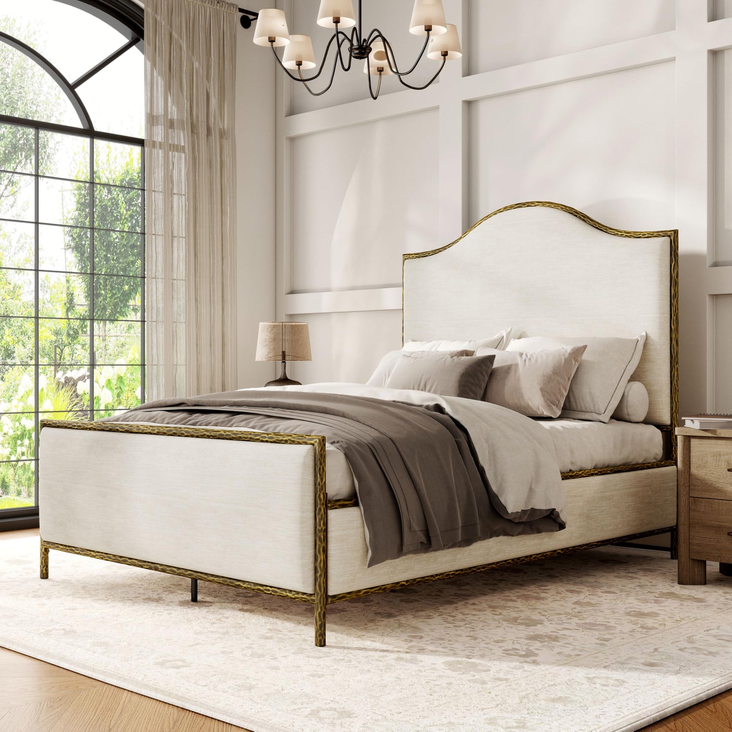 Hammered Metal Bed with Beige Upholstered Headboard